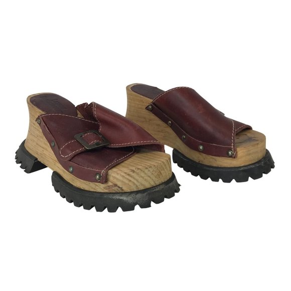 London Underground 90s Chunky Wood Platform Red Sandals Size 6 Wide Sole - Picture 1 of 8